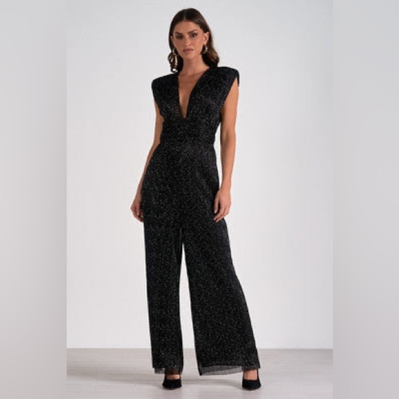 Elan Women’s Black Glitter speckled jumpsuit with plunge neckline size Small NWT - Picture 1 of 4